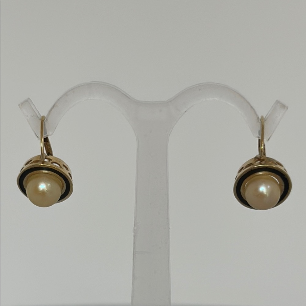 10k real solid Gold Pearl enamel Earrings